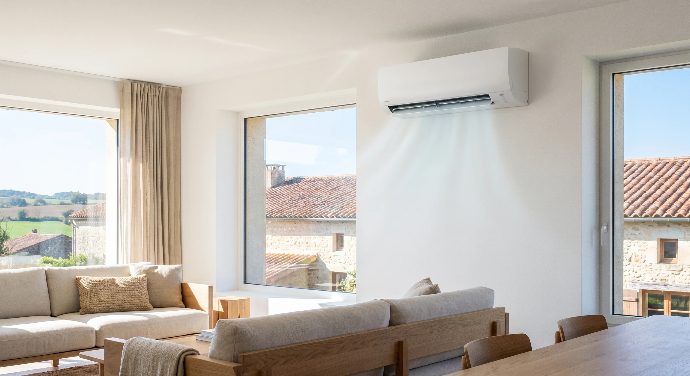 Intérieur résidentiel moderne avec une unité intérieure climatiseur mural de style contemporain montée sur paroi blanche, diffusant de l'air frais dans un séjour lumineux, symbole du confort thermique et de la climatisation réversible.