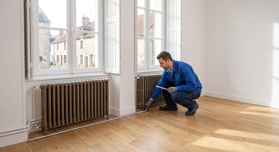 Technicien en tenue professionnelle standard mesurant les dimensions d'une pièce d'habitation avec un mètre ruban, à l'intérieur d'un salon ou chambre, analysant les contraintes de l'espace avant dimensionnement d'une climatisation.