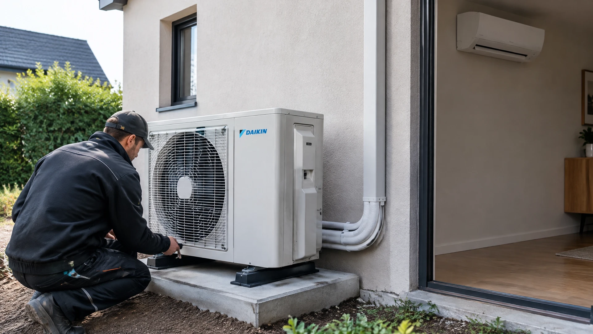 Technicien CA professionnel effectuant un contrôle régulier de maintenance de l'unité externe de climatisation résidentielle