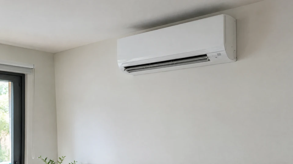 Extérieur résidentiel moderne avec pompe à chaleur air-eau installée contre mur blanc